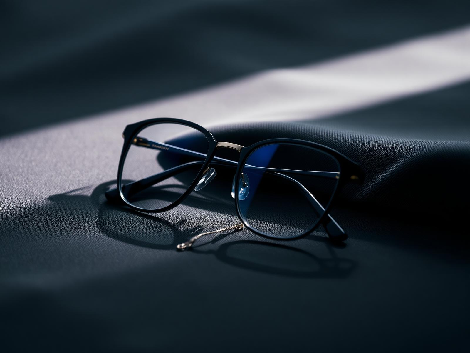 Luxury eyeglass frames on charcoal fabric